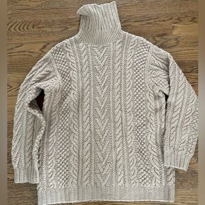 Vintage J Crew 100% Wool Sweater Tan Turtleneck Fisherman Cable Knit Medium